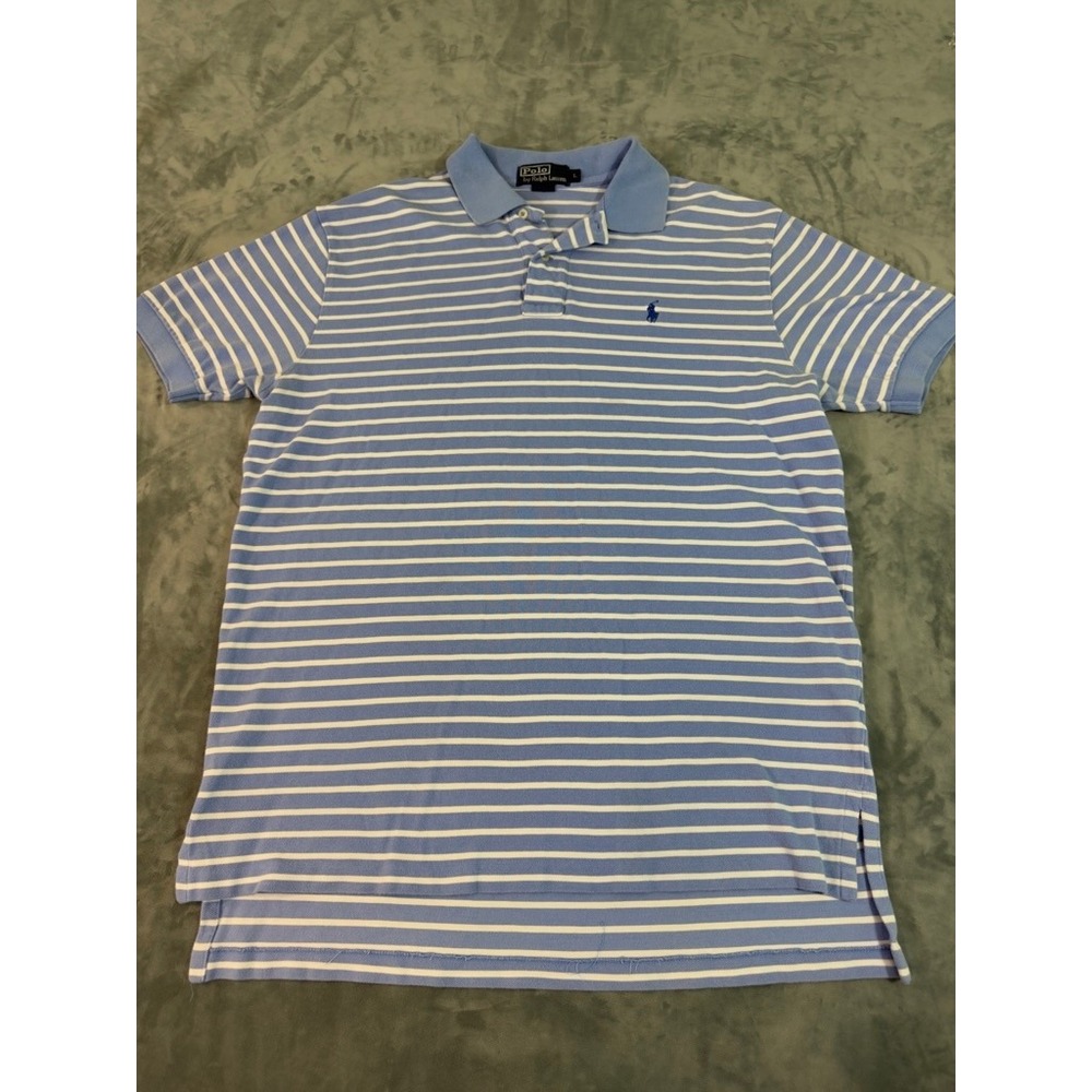 Polo Ralph Lauren Mens Large Blue White Striped Short Sleeve Pique Polo Shirt